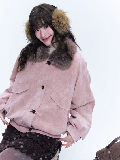 CREAMO2奶油氧气 - Peach Mist Detachable Fur-Collar Faux Suede Padded Jacket