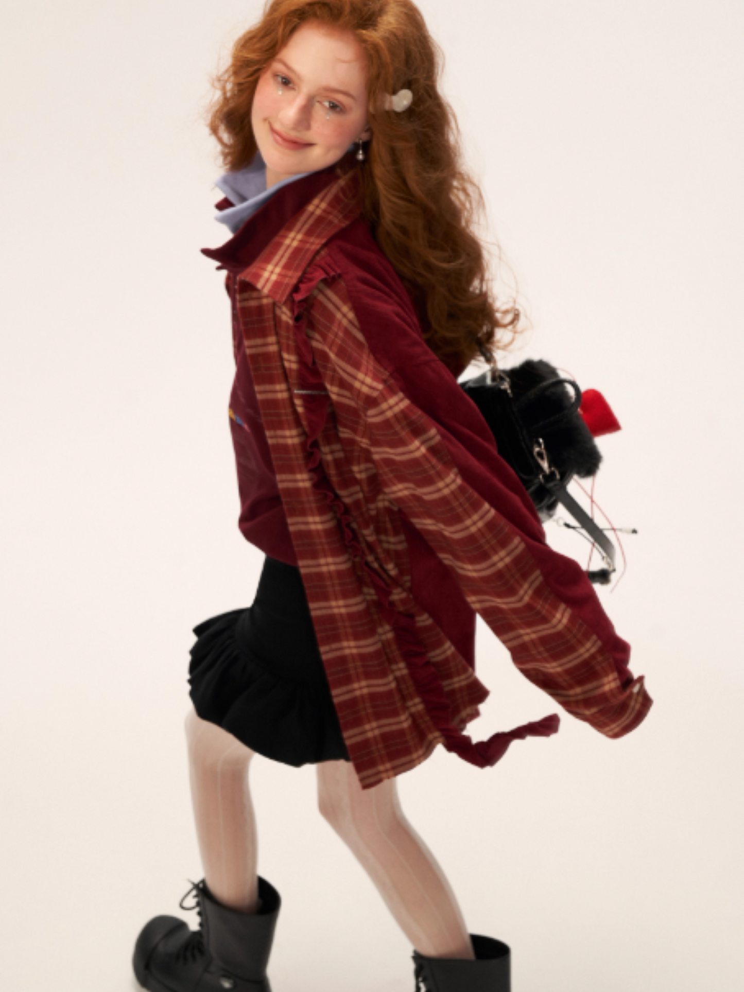 MAMC - Patchwork Plaid Oversized Sweatshirt WE824 (Deep Red)