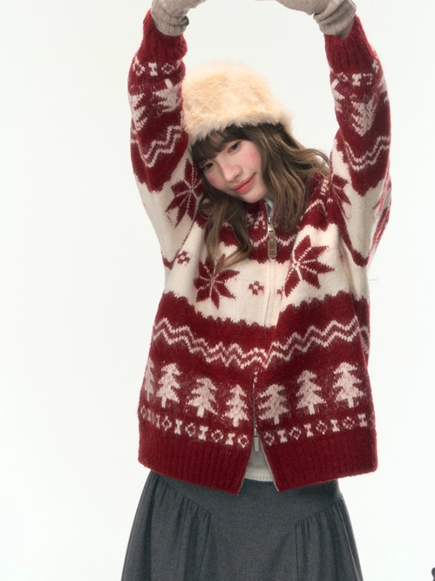 "Fluffy Snowtone" Vintage Red Holiday Knit Cardigan LL2025305