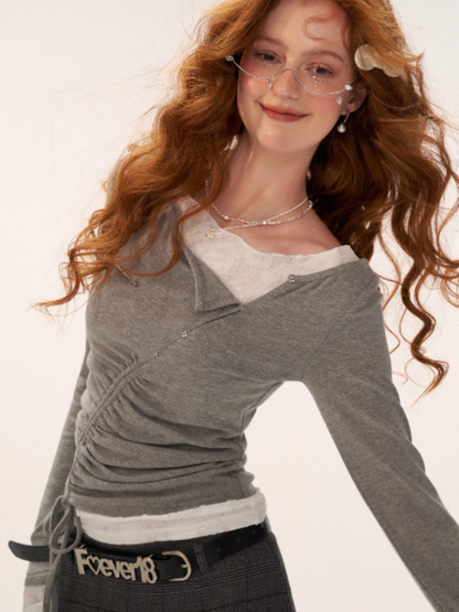 MAMC - Y2K Preppy Lace Trim Ruched Long Sleeve Top (Grey)