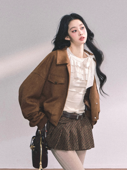 少也眼 Moon-lit Ruffle Lace Knit Layered Long Sleeve Top