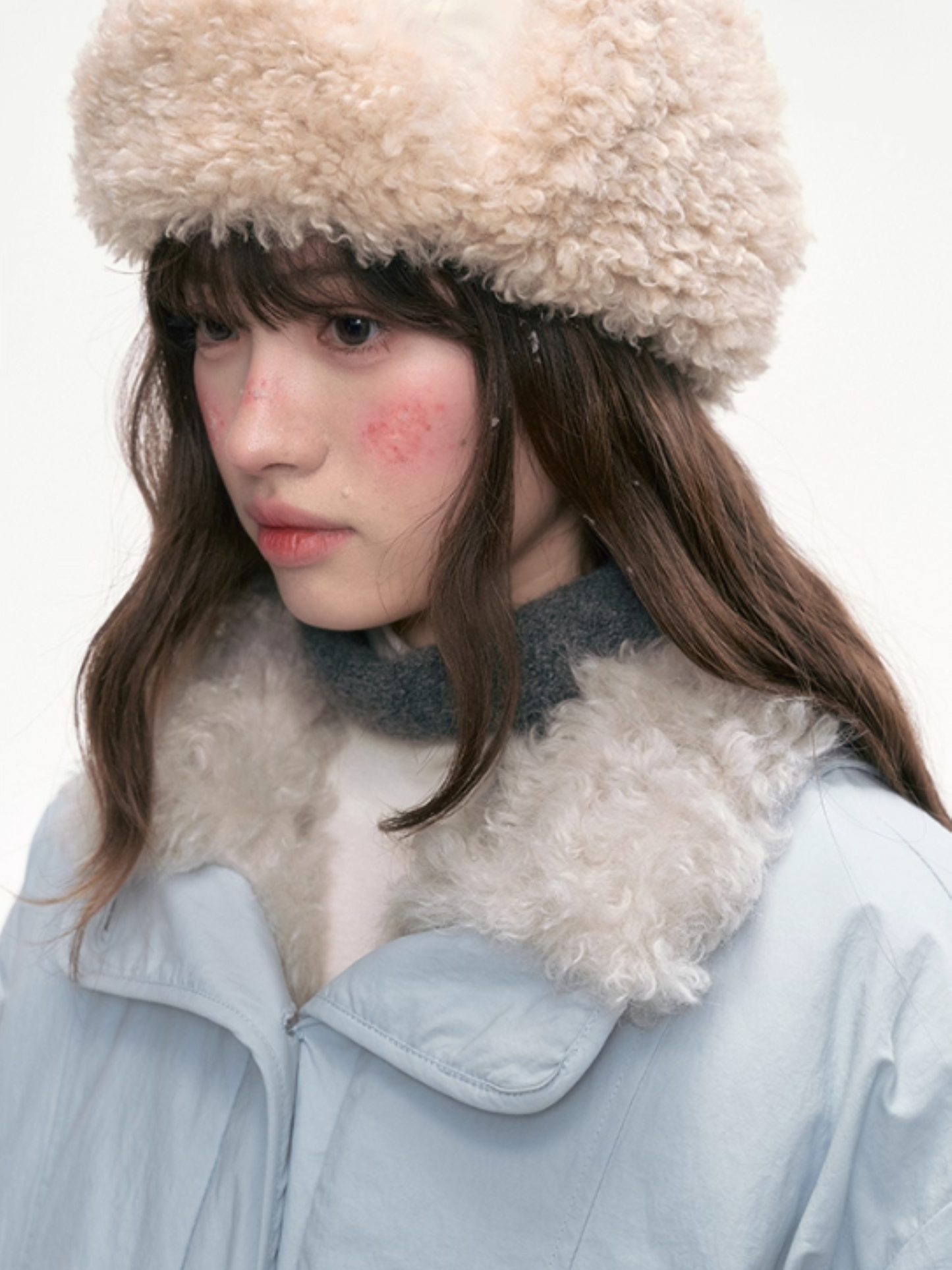 "Soft Mist Cove" Contrast Collar Down Jacket – Sky Blue & Light Gray LL2025308