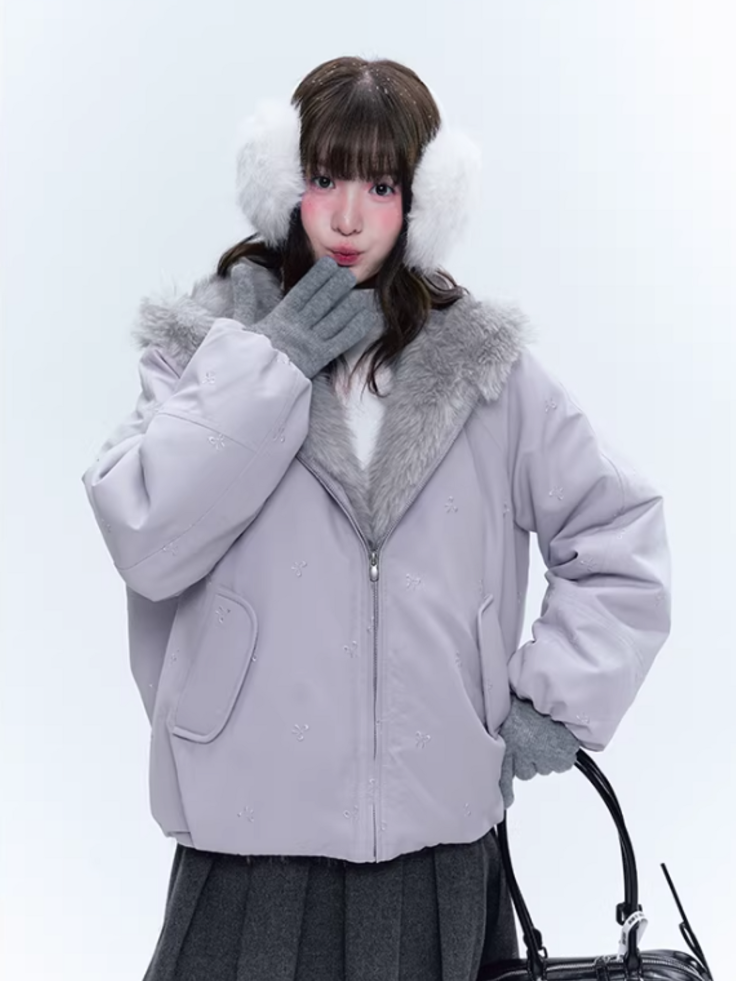 CREAMO2奶油氧气 - Soft Lilac Bow-Embroidered Eco Fur Puffer Jacket