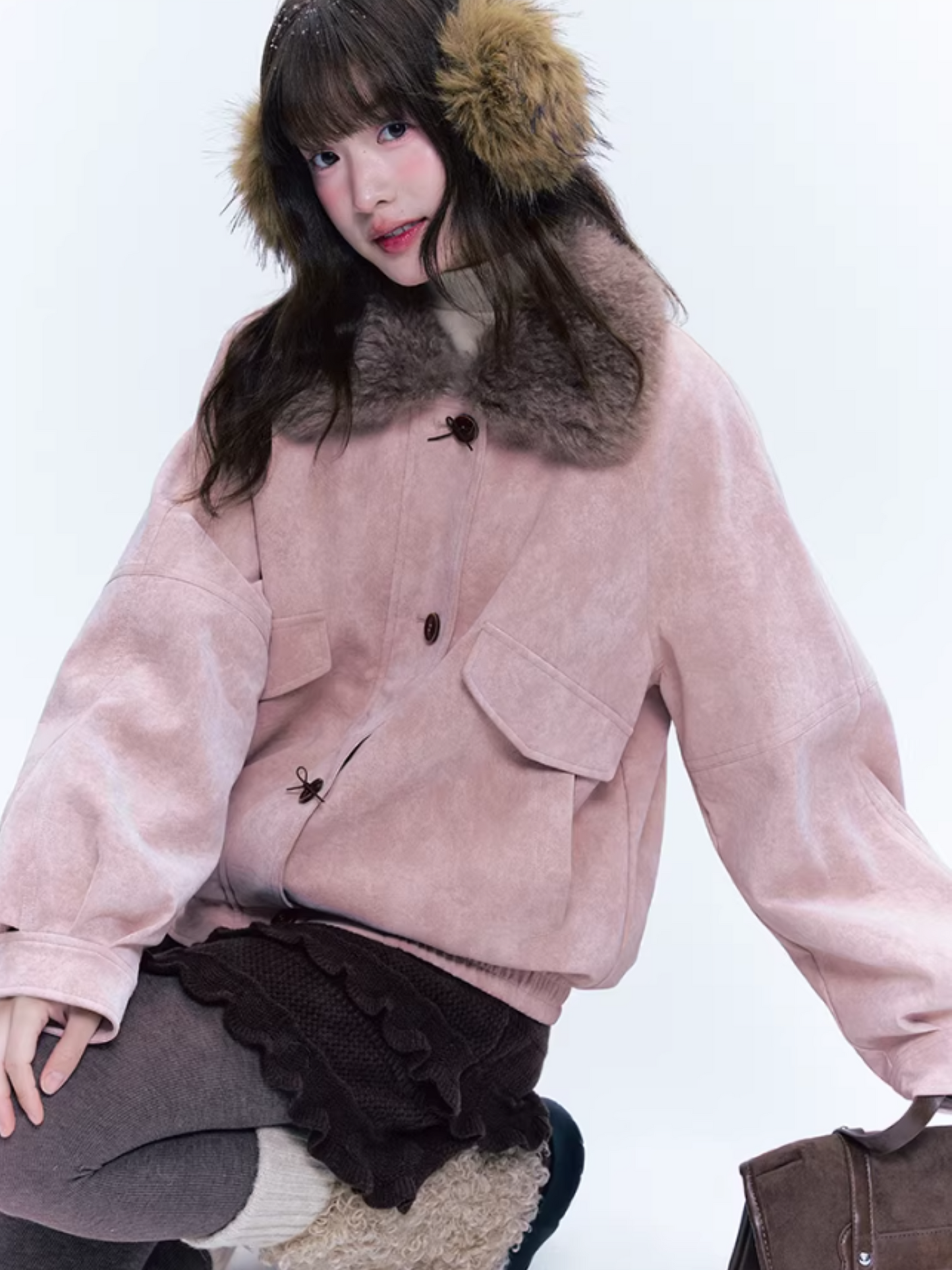 CREAMO2奶油氧气 - Peach Mist Detachable Fur-Collar Faux Suede Padded Jacket