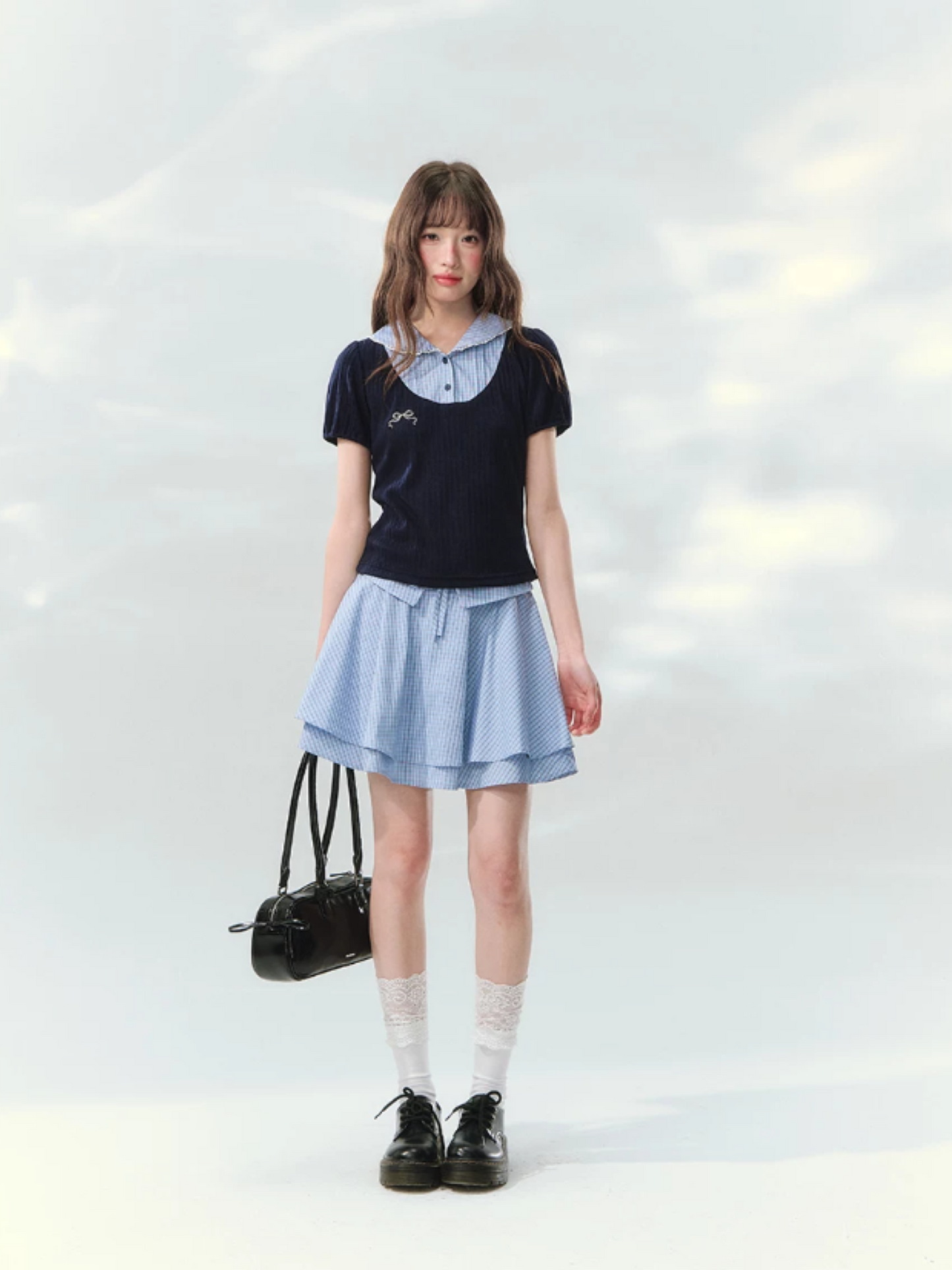 “Milk Candy Academy” Navy Plaid Collar Skirt Set LL2026147