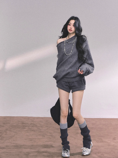 少也眼 Korean Off-Shoulder Slouchy Knit Sweater