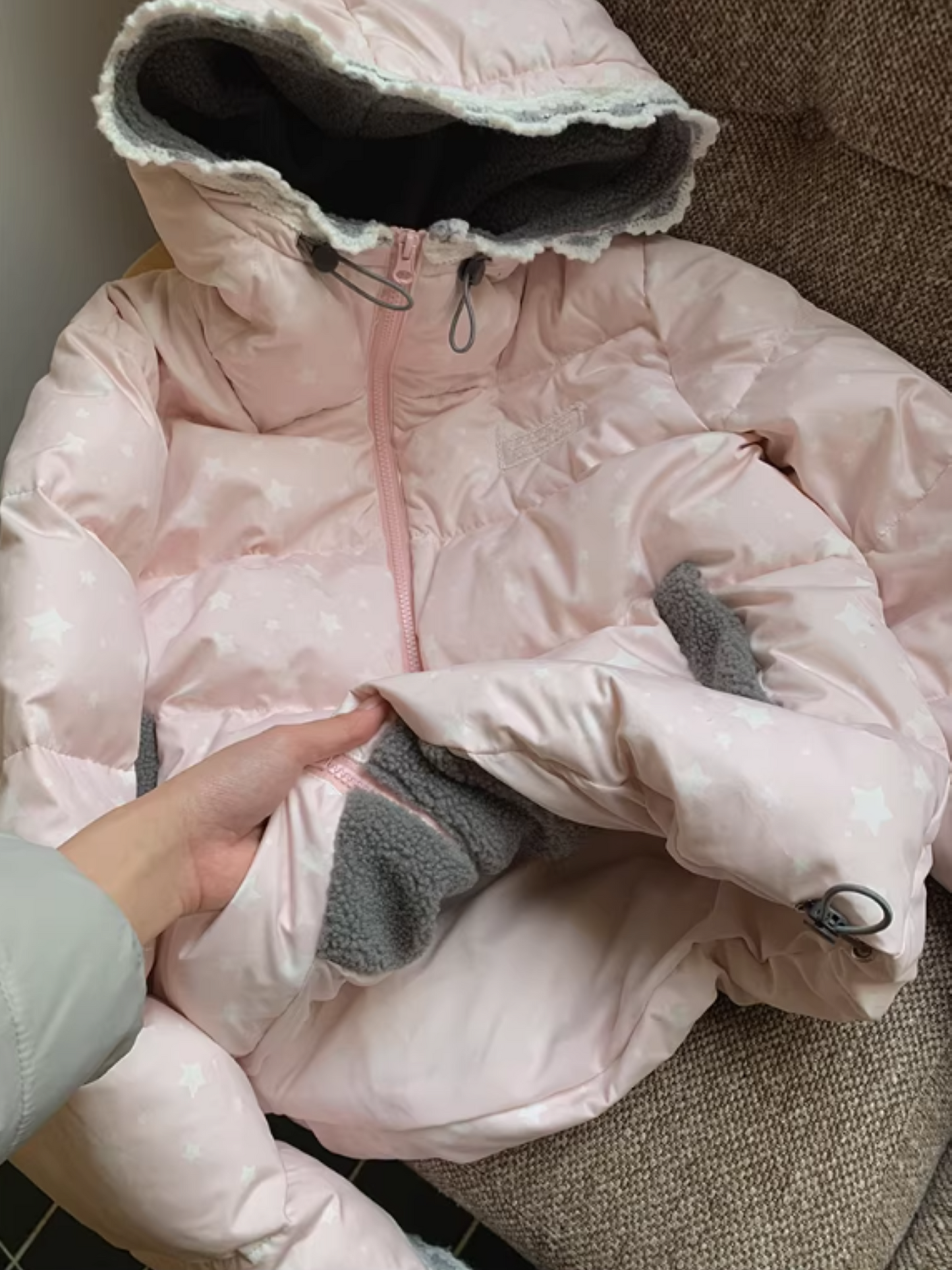 阮阮自制 - "Cherry Amber Star" Star Hooded White Duck Down Jacket
