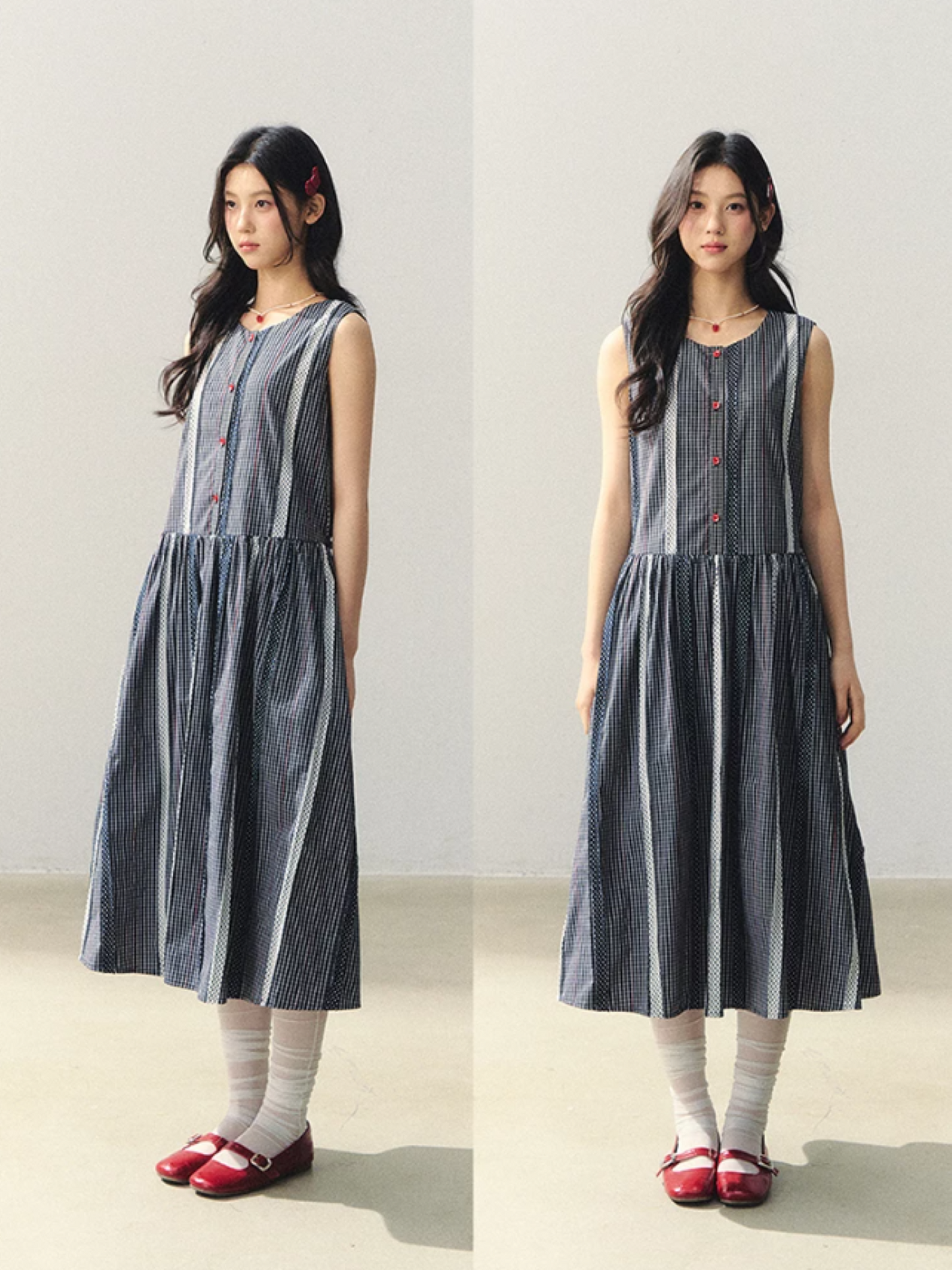 "Red Pulse in Monochrome" Plaid Sleeveless Dress with Red Button LL2026027
