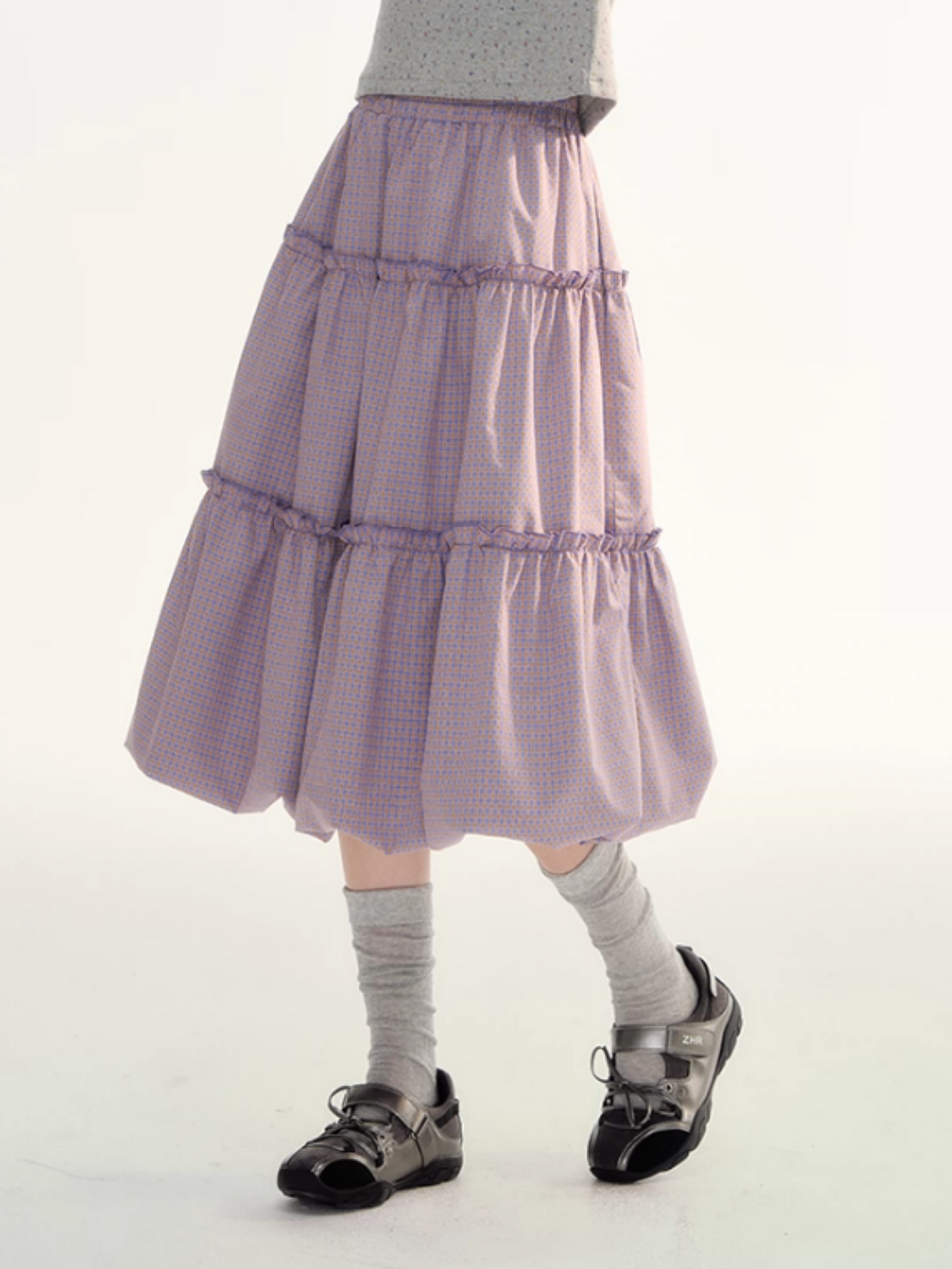 Lavender Plaid Bubble Top & Tiered Skirt Set SJ2026091