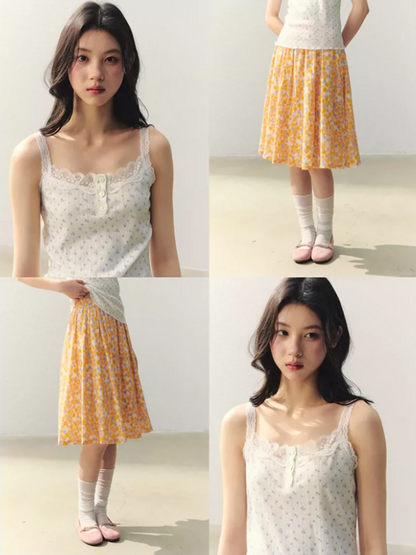 Citrus Bloom Lace Cami & Floral Pleated Skirt Set LL2026039