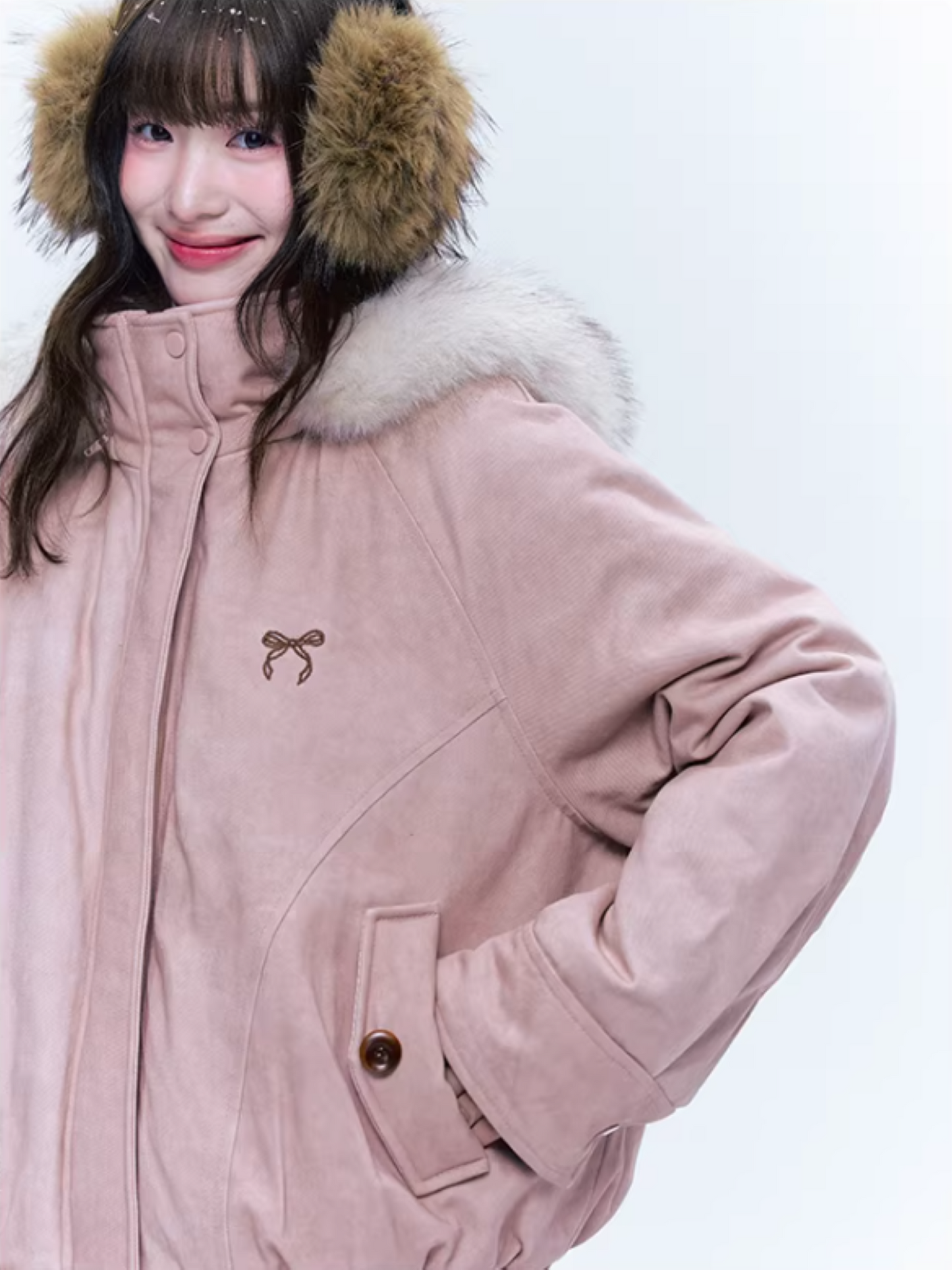 CREAMO2奶油氧气 - Misty Pink Sweet-Cool Detachable Fur-Trim Hooded Puffer Jacket