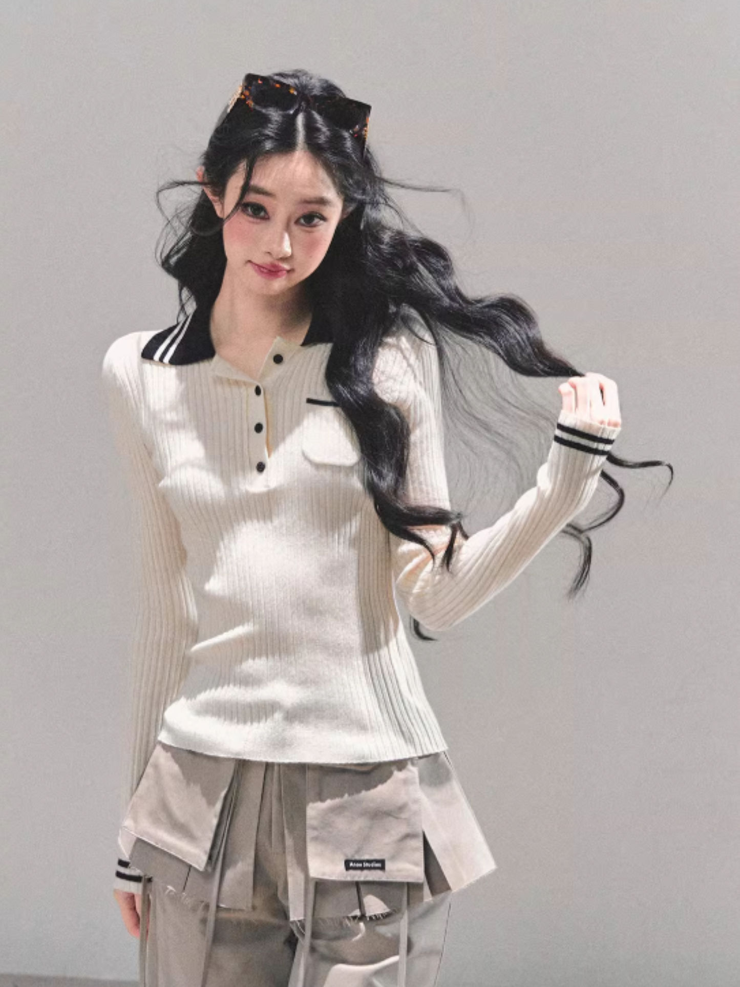 "温蒂的信" Classic Polo Collar Knit Top - White