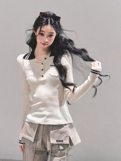 "温蒂的信" Classic Polo Collar Knit Top - White