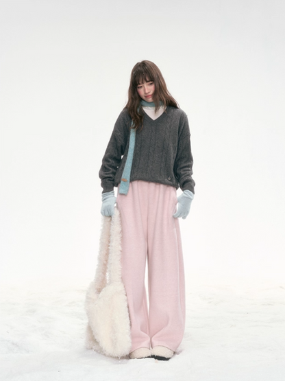"Winter Bloom" Embroidered Knit Lounge Pants – White & Pink LL2025334