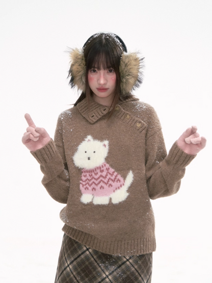 '可可慕斯' Brown Knit Sweater with Westie Dog Embroidery
