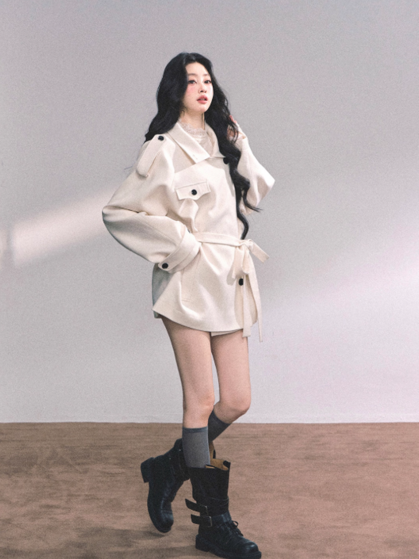 少也眼 British-Inspired Loose Wool-Blend Trench Coat
