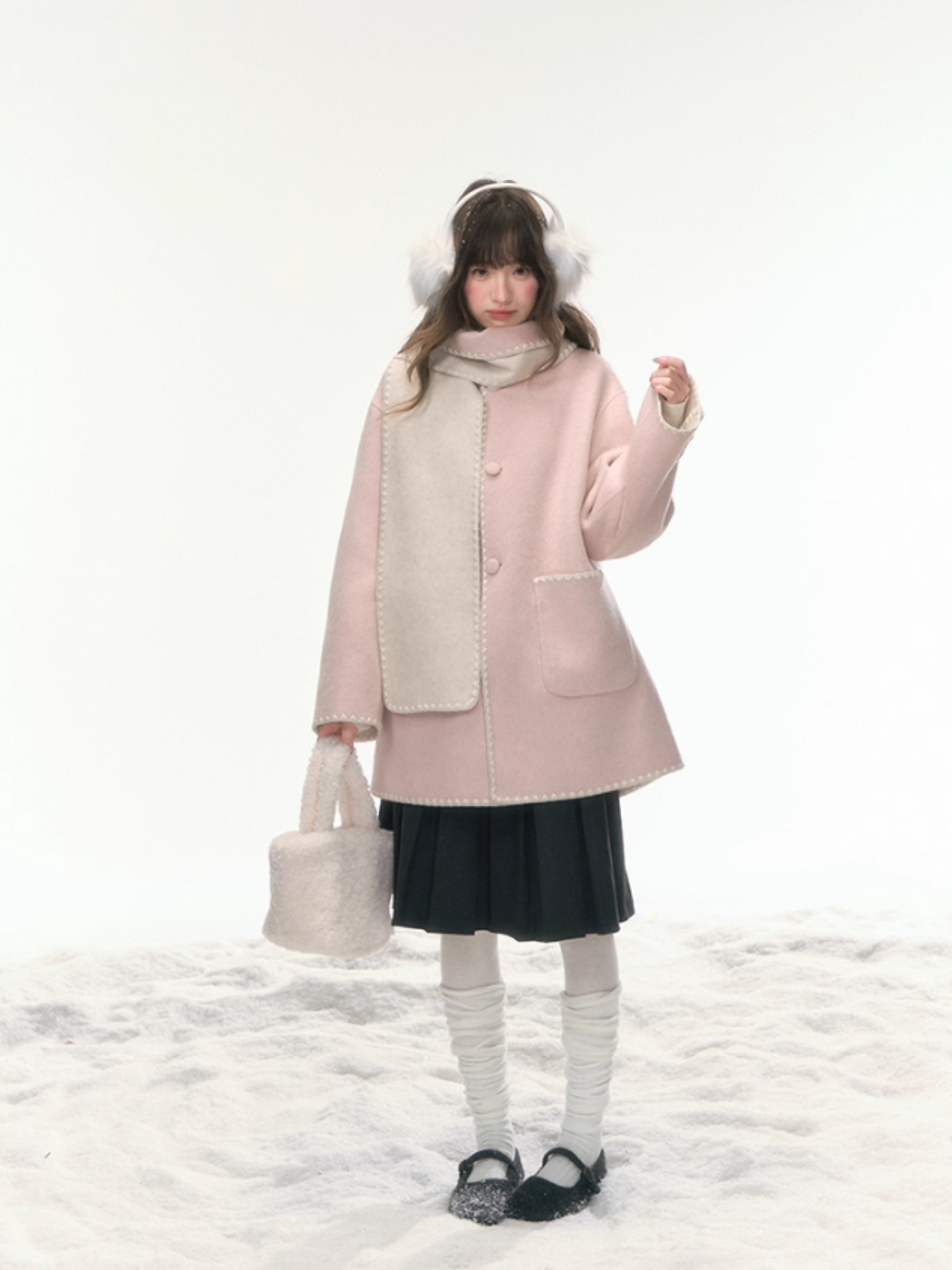 "Morning Verse & Night Poem" Reversible Wool Two-Tone Overcoat - Pink × White LL2025455