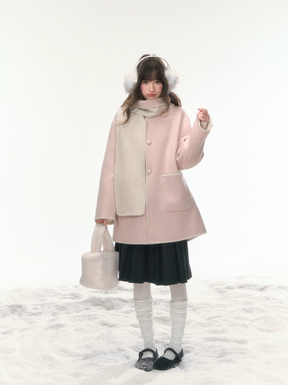 "Morning Verse & Night Poem" Reversible Wool Two-Tone Overcoat - Pink × White LL2025455
