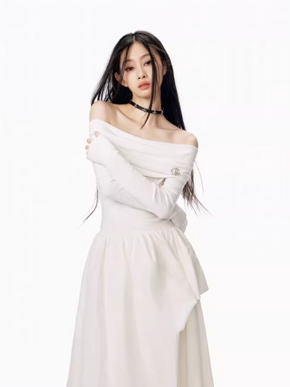 PCH - Hepburn Style Off-Shoulder Long Dress (White)
