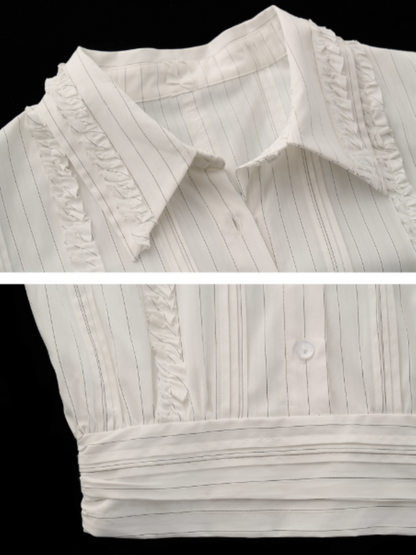 MAMC - Layered Striped Waist-Cinched White Shirt WE727