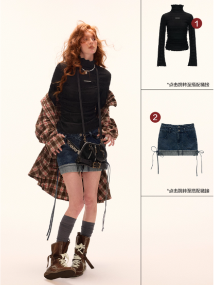 MAMC - Brown Bow Plaid Shirt Dress