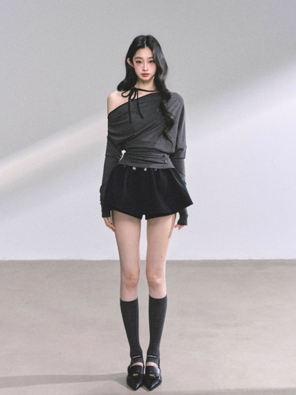 少也眼 K-pop Trainee Off-Shoulder Halter Long Sleeve Top (Grey)