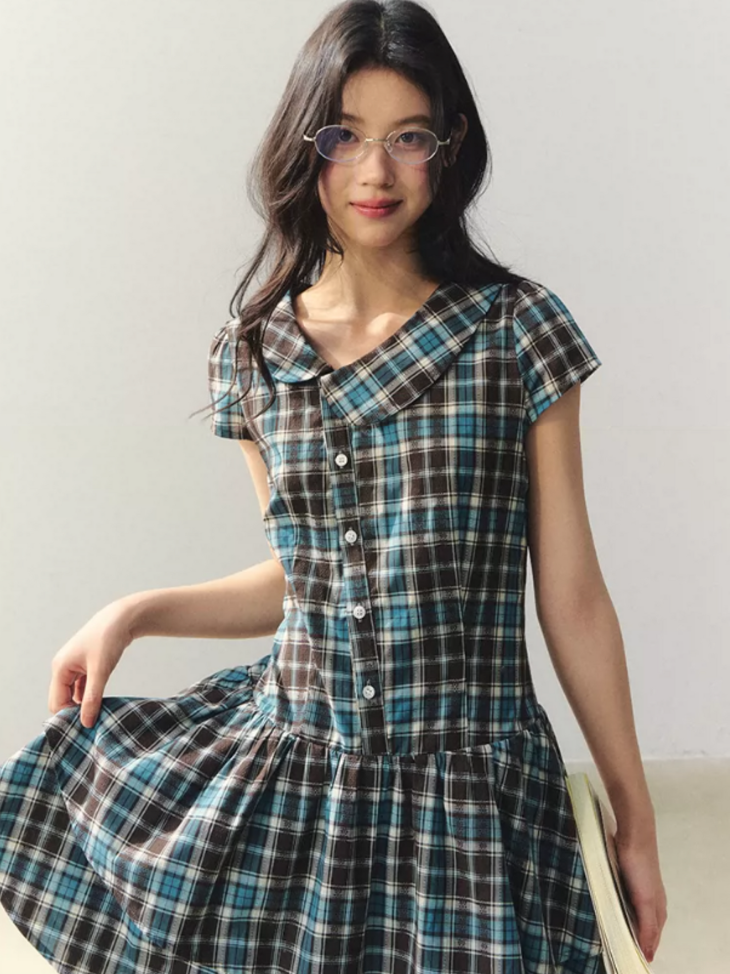 "Pine Chestnut Mint" Asymmetric Collar Plaid Dress LL2026034