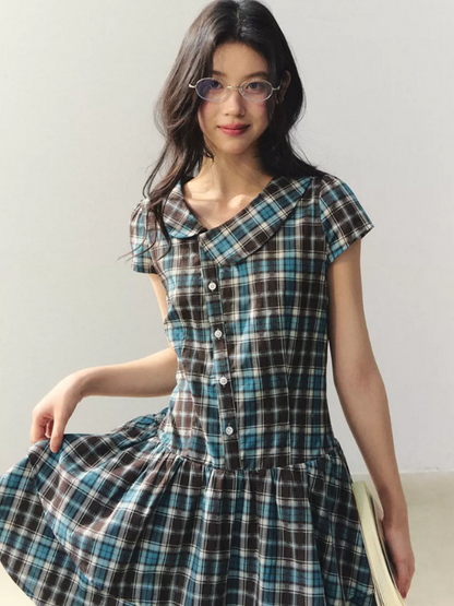 "Pine Chestnut Mint" Asymmetric Collar Plaid Dress LL2026034