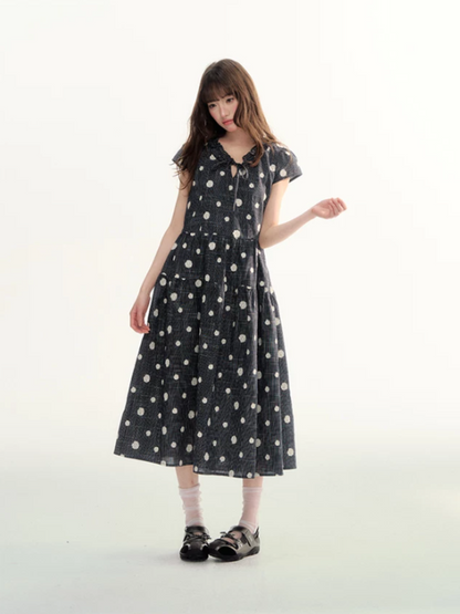 Navy Polka Dot Plaid Tie-Waist A-Line Dress LL2026095