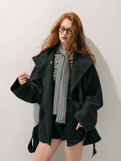 "柔廓定理" Wool-Blend Structured Military Coat with Stand Collar