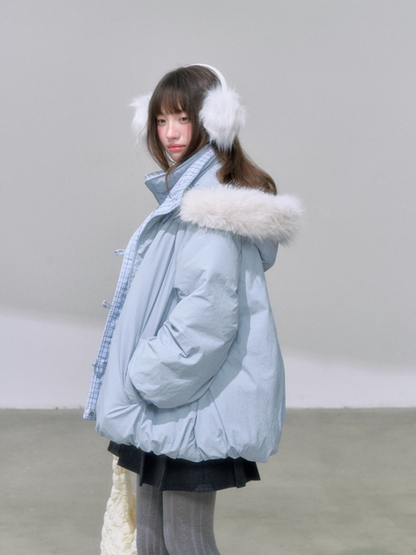 "雪境叠影" Faux Two-Piece Blue Down Jacket with 90% Duck Down & Fur Hood
