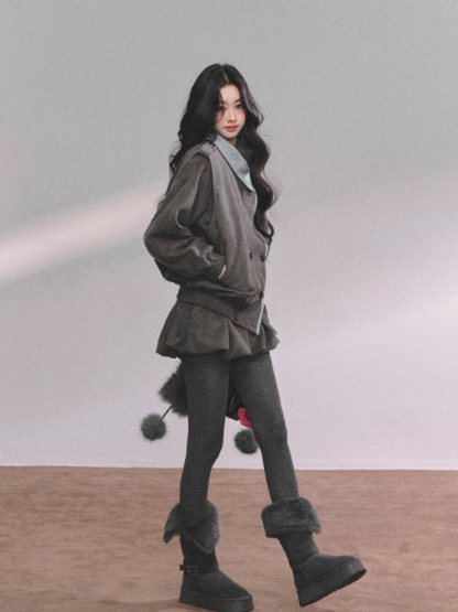 少也眼 Elegant French-Inspired Grey Jacket and Skirt Set