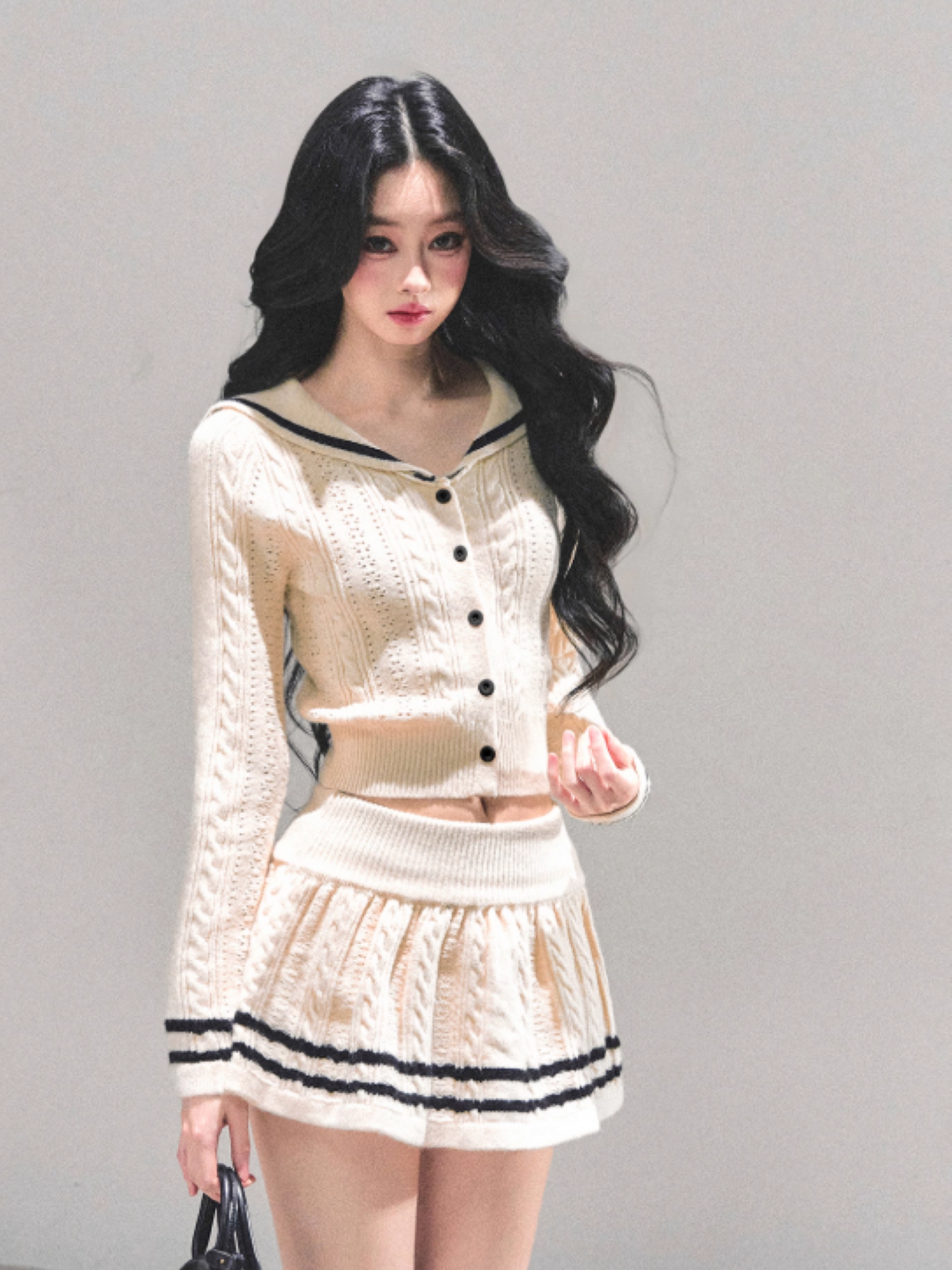 "晚风的低语" French Knit Co-ord Set – Beige Top & Mini Skirt