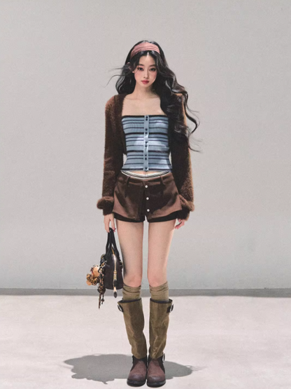 少也眼 Autumn Breeze Striped Knit Slim Vest Tee