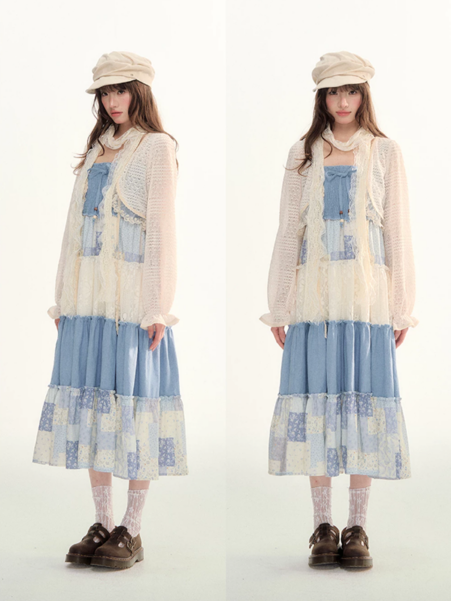 Blue Patchwork Tiered Smocked Dress LL2026106