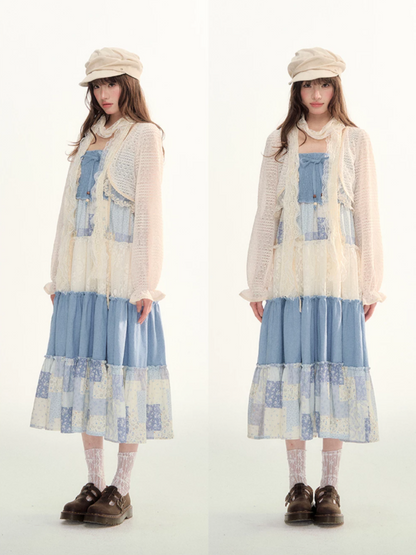 Blue Patchwork Tiered Smocked Dress LL2026106
