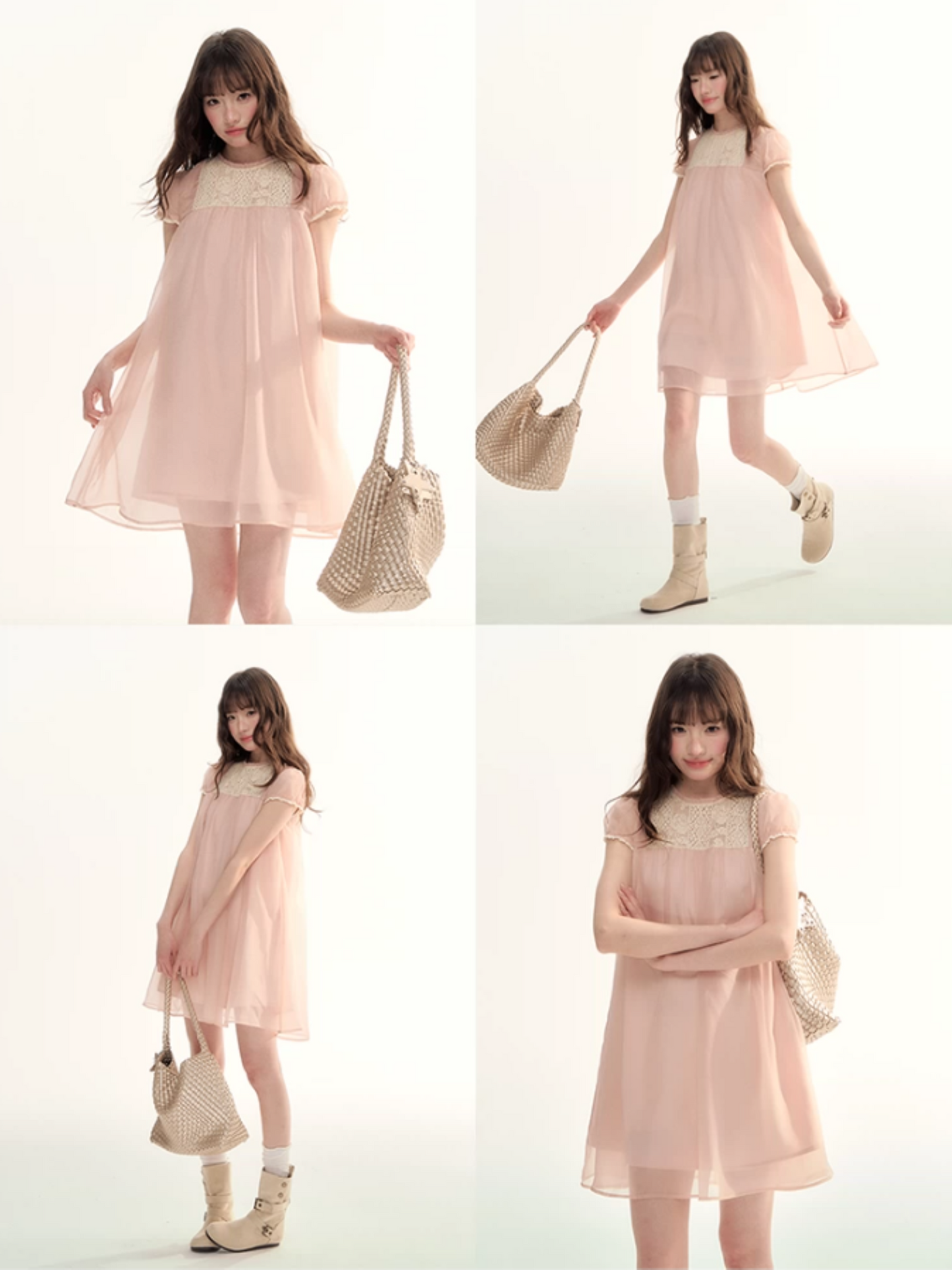 Sheer Lace Trim Puff Sleeve Babydoll Dress LL2026103