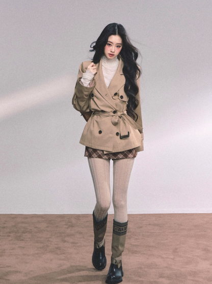少也眼 Khaki Loose-Fit Jacket with Brown Skirt-Shorts Set