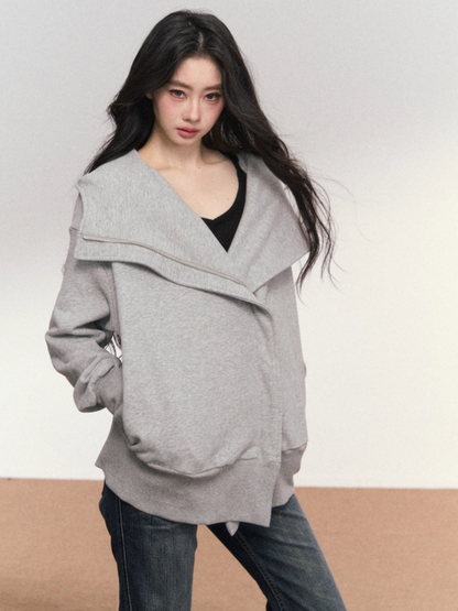 PCH - Cotton Zip-Up Hoodie with Detachable Collar (Gray)