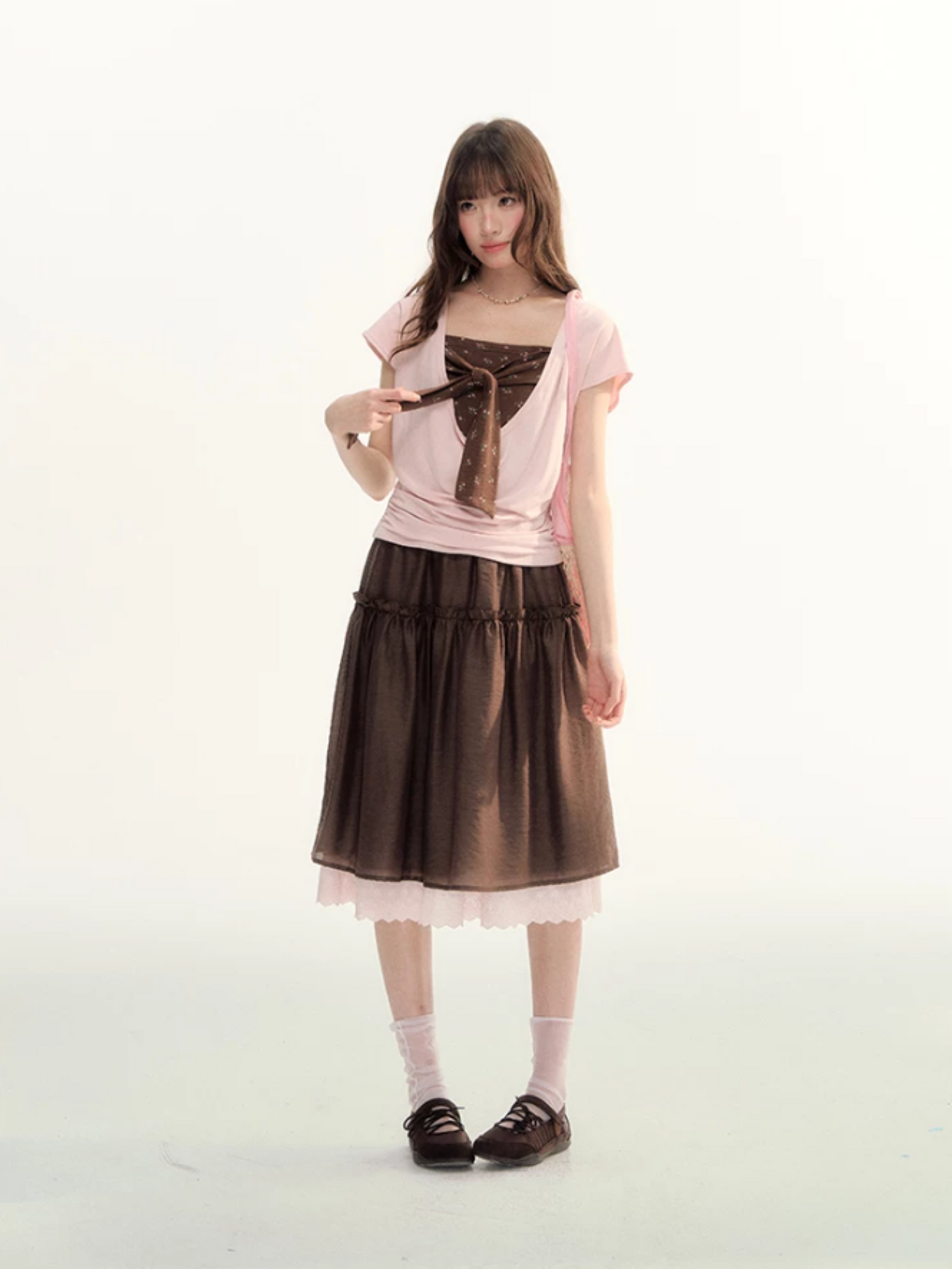 Lace Trim A-Line Elastic Waist Midi Skirt WW2026098