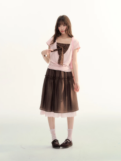 Lace Trim A-Line Elastic Waist Midi Skirt WW2026098