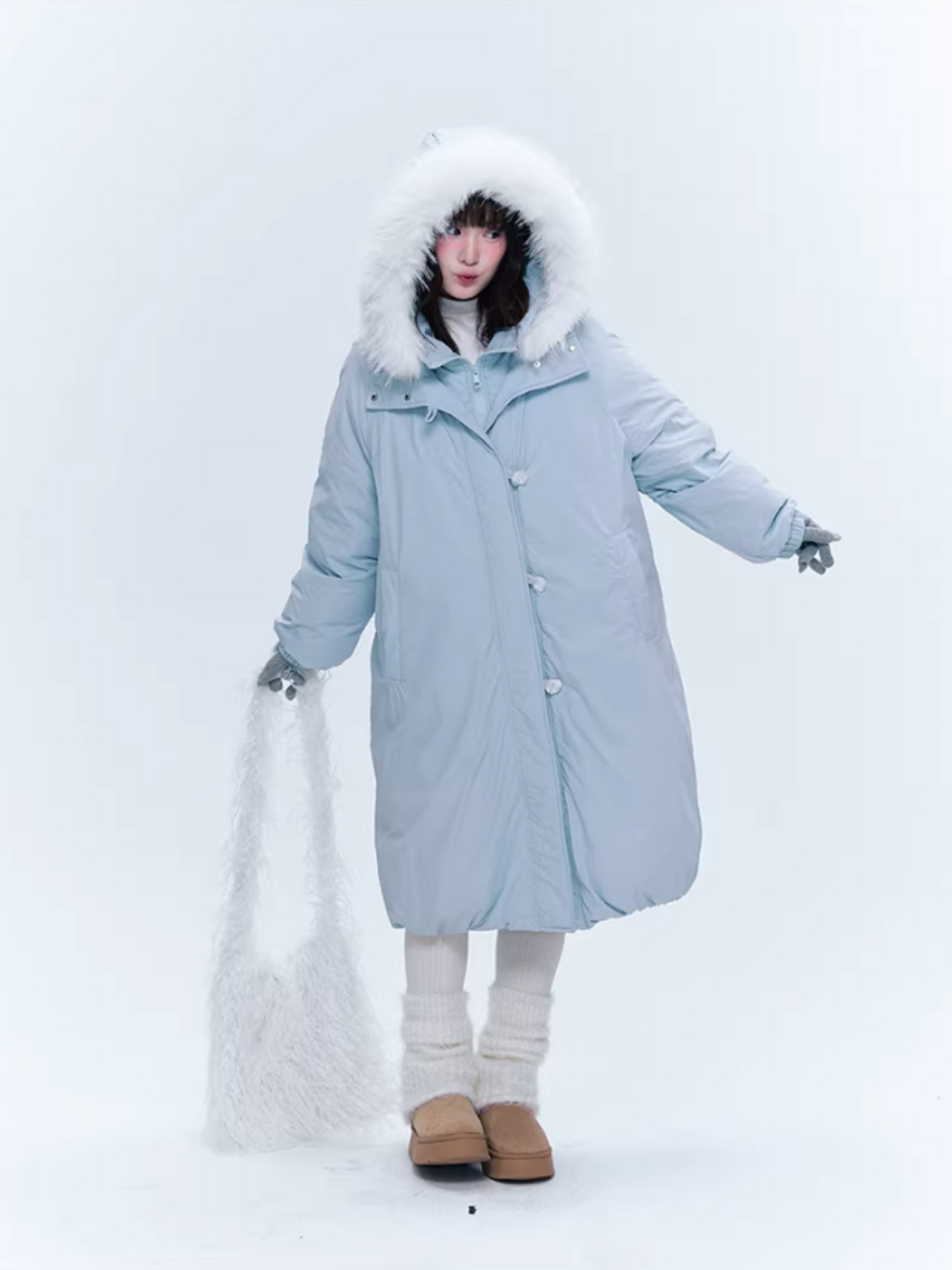 CREAMO2奶油氧气 - Milk Mist Blue Faux-Layered Mid-Length Down Puffer Coat