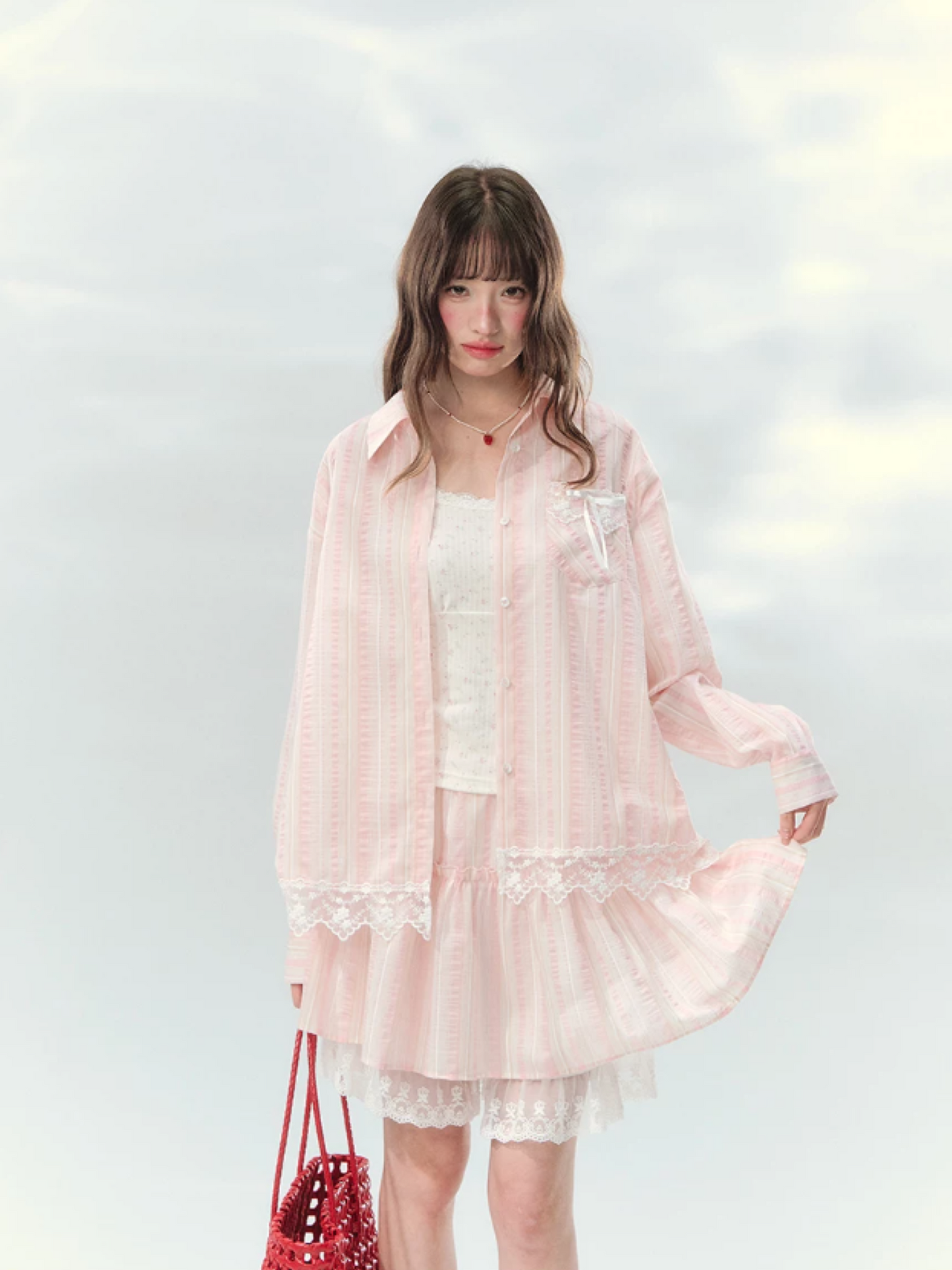 “Pink Mist Love Letter” Pink Stripe Lace Skirt Set LL2026161