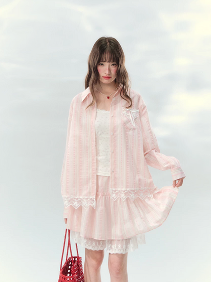 “Pink Mist Love Letter” Pink Stripe Lace Skirt Set LL2026161