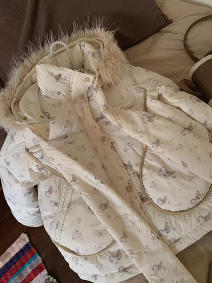 阮阮自制 - "Fluffy Pup" Bow-Detail Puppy Print Puffer Jacket