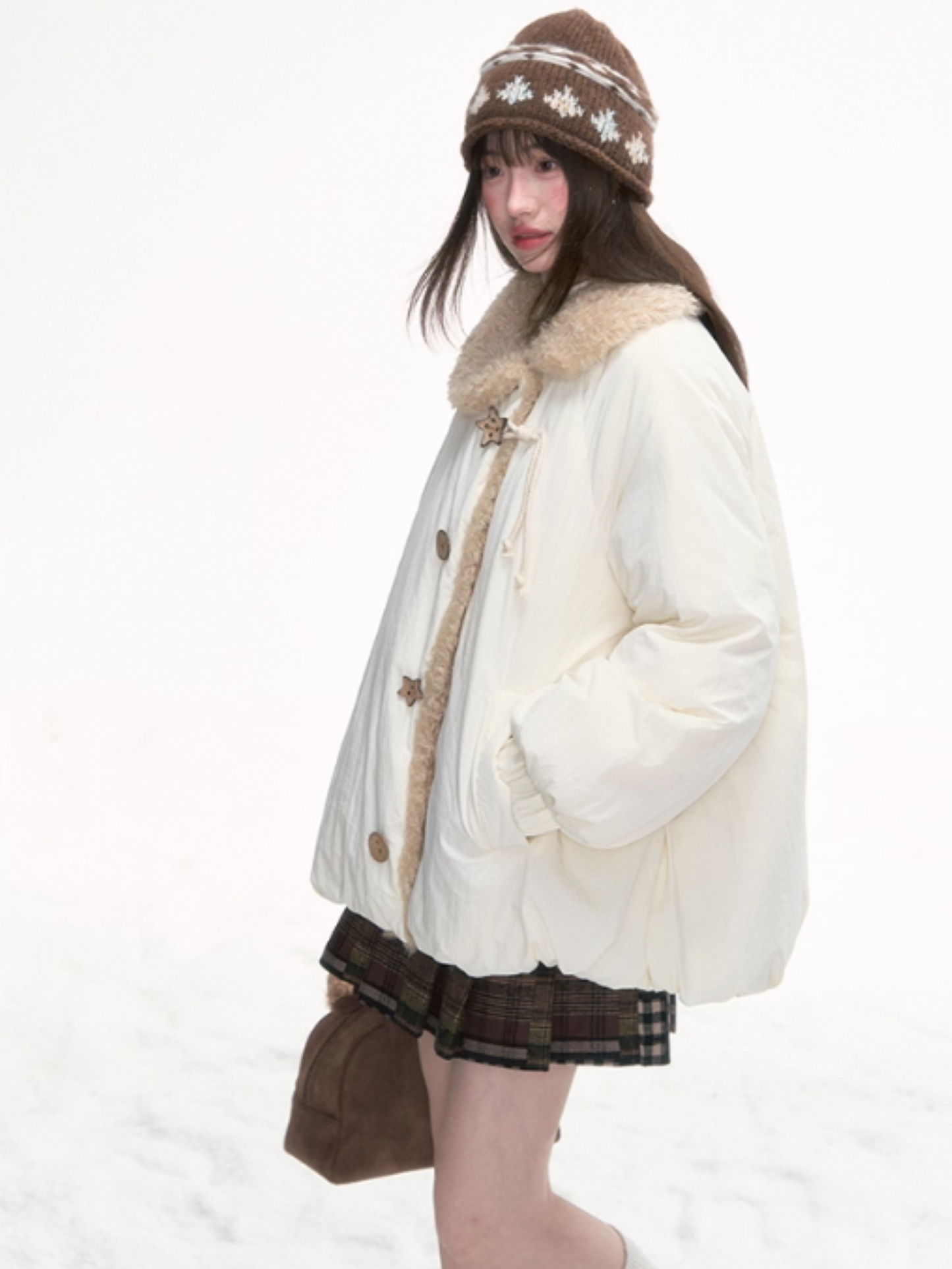'绒间星轨' Puffer Jacket with Faux Fur Collar – Beige