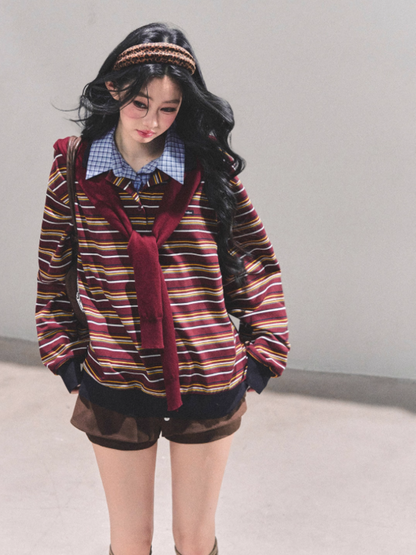 少也眼 "Unfinished Poem" Striped Polo Long Sleeve - Wine Red Striped