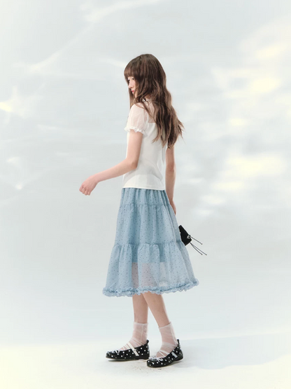 “Soft Candy Stardust” Lace Mesh Puff Sleeve Tee  LL2026149