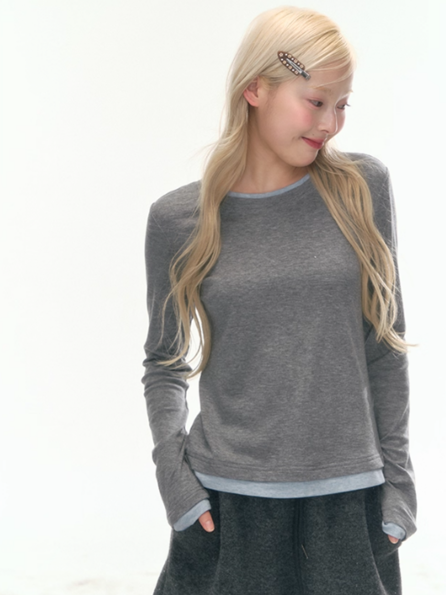 "Cream Cloud" Gray - Blue Colorblock Wool Knit Top LL2025471