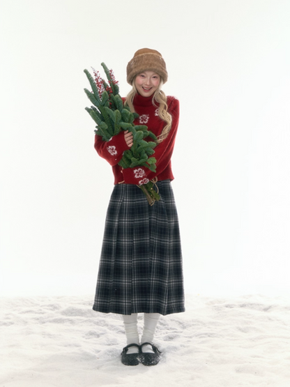 "Off-Season Garden" Red Jacquard Wool Turtleneck Knit Top LL2025304